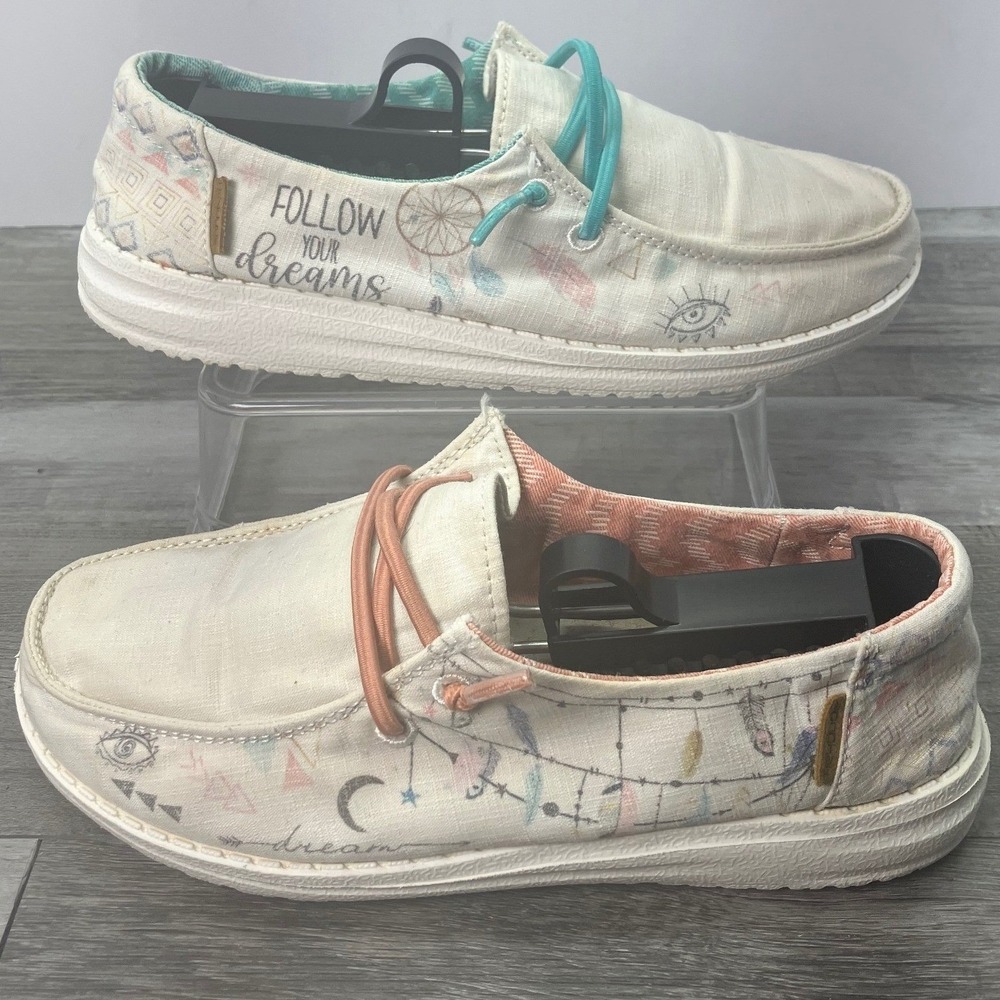 Hey Dude Wendy Youth Doodle Boho Shoes Cream Slip On Loafers Size US Y3-L4 EU 35